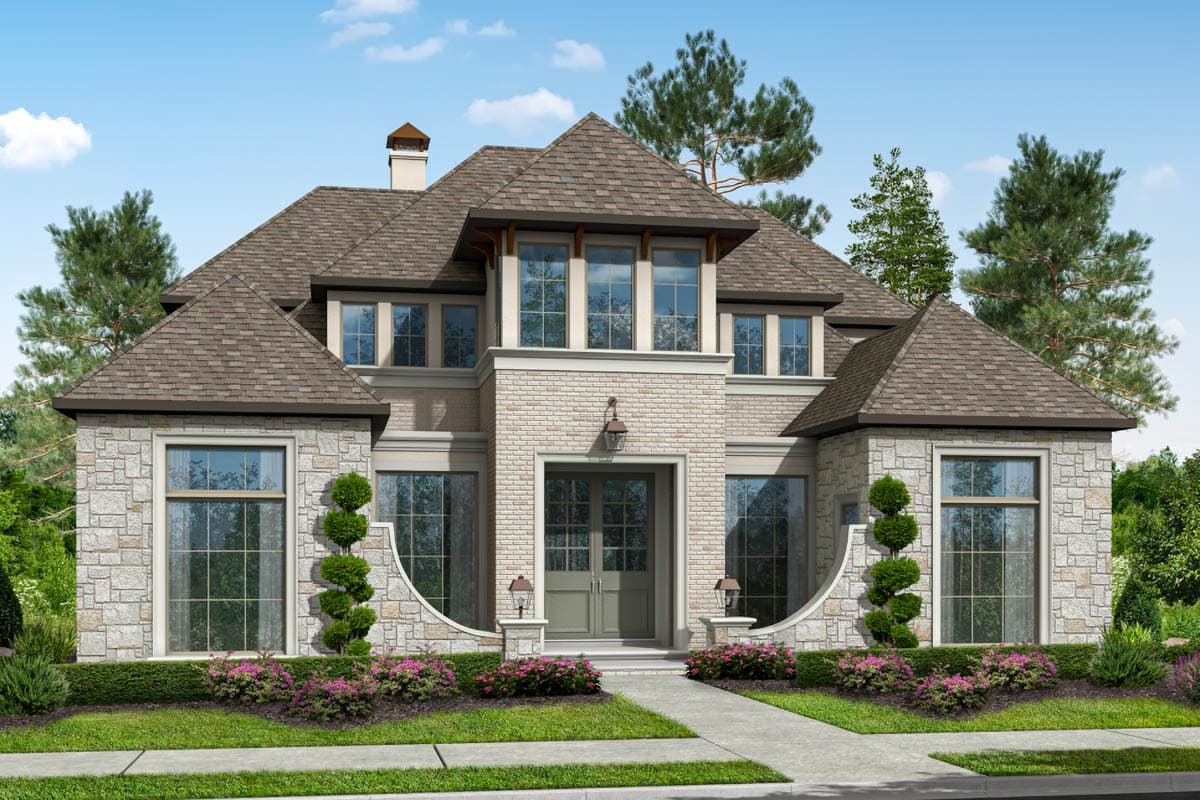 House plan exterior with stone and brick facade. Features include a steeply pitched roof, multiple gables, and large multi-pane windows.