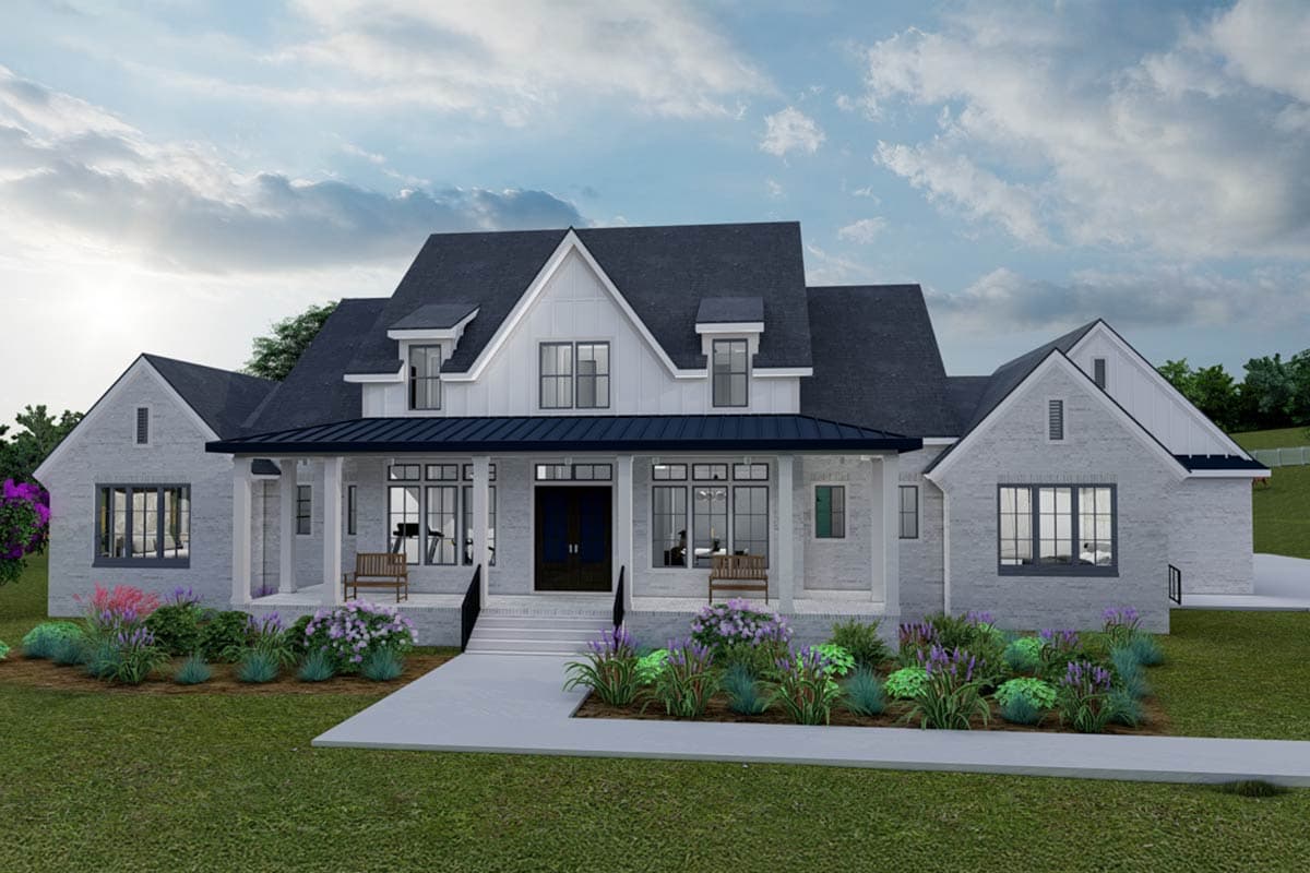 House plan exterior. Two-story Modern Farmhouse with a gabled roof, dormers, and a covered front porch with columns.