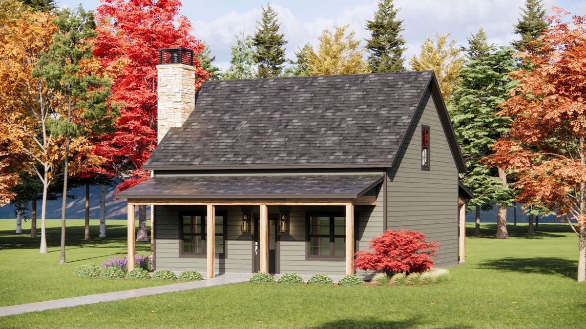 House plan exterior: two-story, traditional style with stone chimney, gabled roof, and covered front porch.
