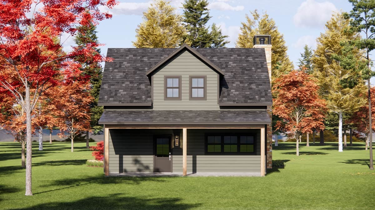 House plan exterior of a two-story home with a covered porch, dormer windows, and a stone chimney.