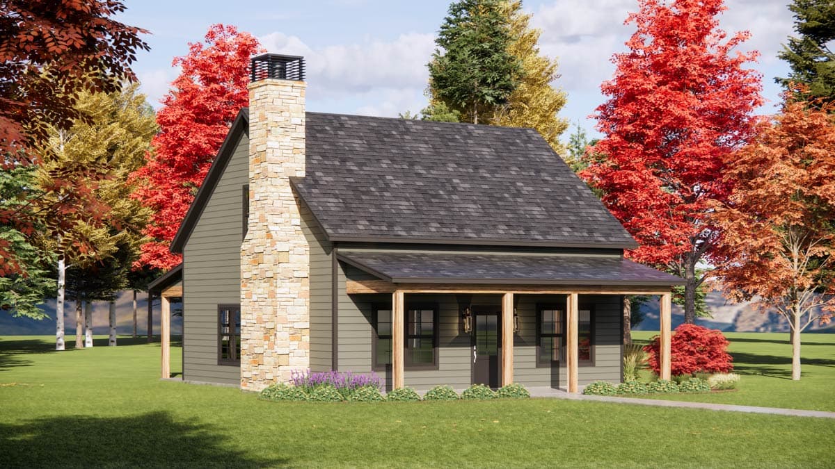 House plan exterior: Two-story cottage with stone chimney, gable roof, and covered front porch with wood posts.