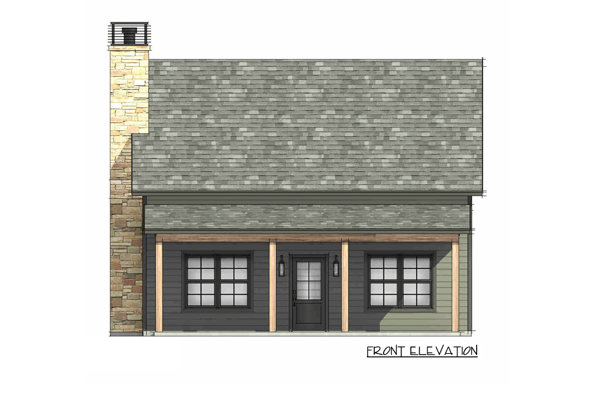Front elevation of a house plan showing a front porch with wood beams, a stone chimney, and two windows.
