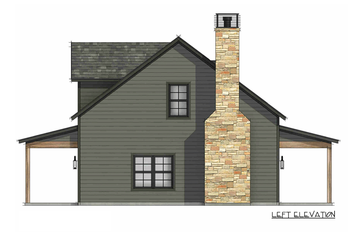 Left elevation of a two-story house plan featuring horizontal siding, a stone chimney, gabled roof, and covered porches.