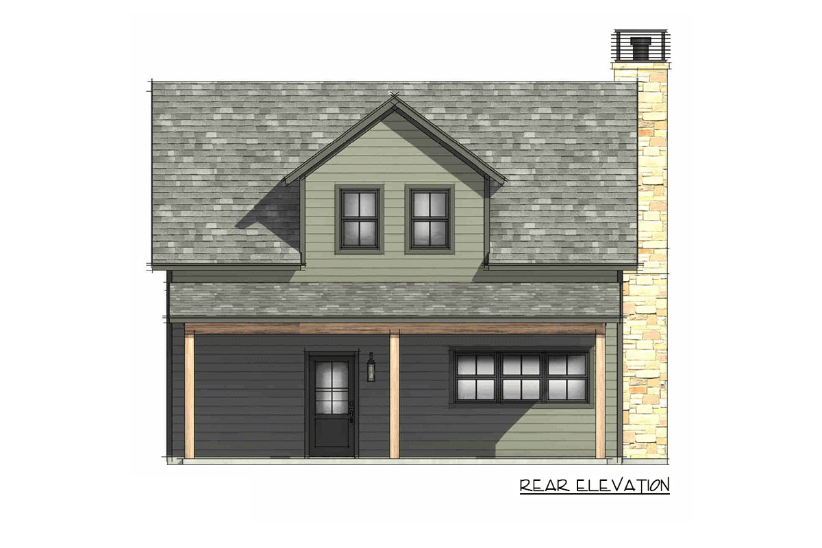 Rear elevation drawing of a two-story house with a gabled dormer, covered porch, and stone chimney.