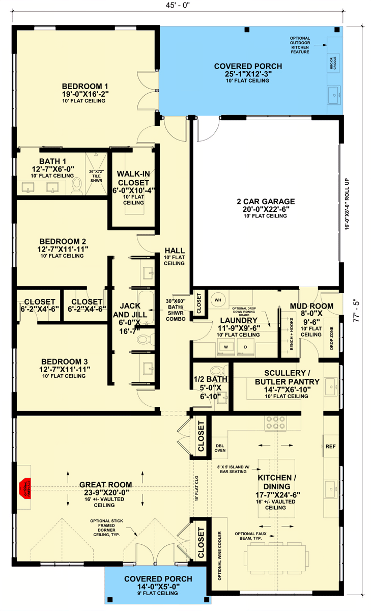 Plan 421029HFC: 3-Bed Rustic Transitional House Plan with Optional Outdoor Kitchen - Floor Plan - Main Level - Country, Modern Farmhouse, Rustic, Transitional