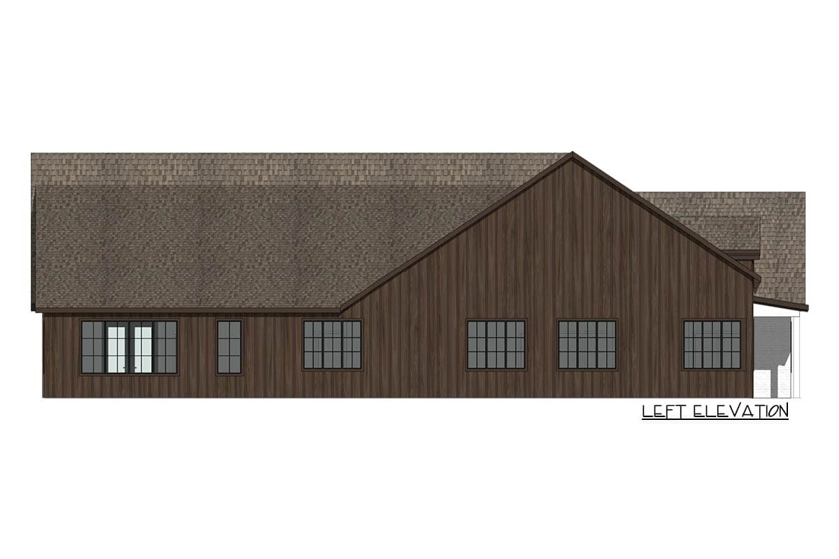 Architectural rendering of a brown wooden house with a shingled roof, windows along the facade, and text reading 'LEFT ELEVATION'.