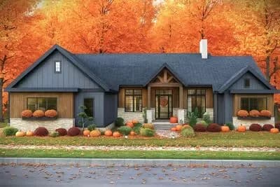 Mountain Ranch House Plan with Two-Story Great Room and Split Bedrooms