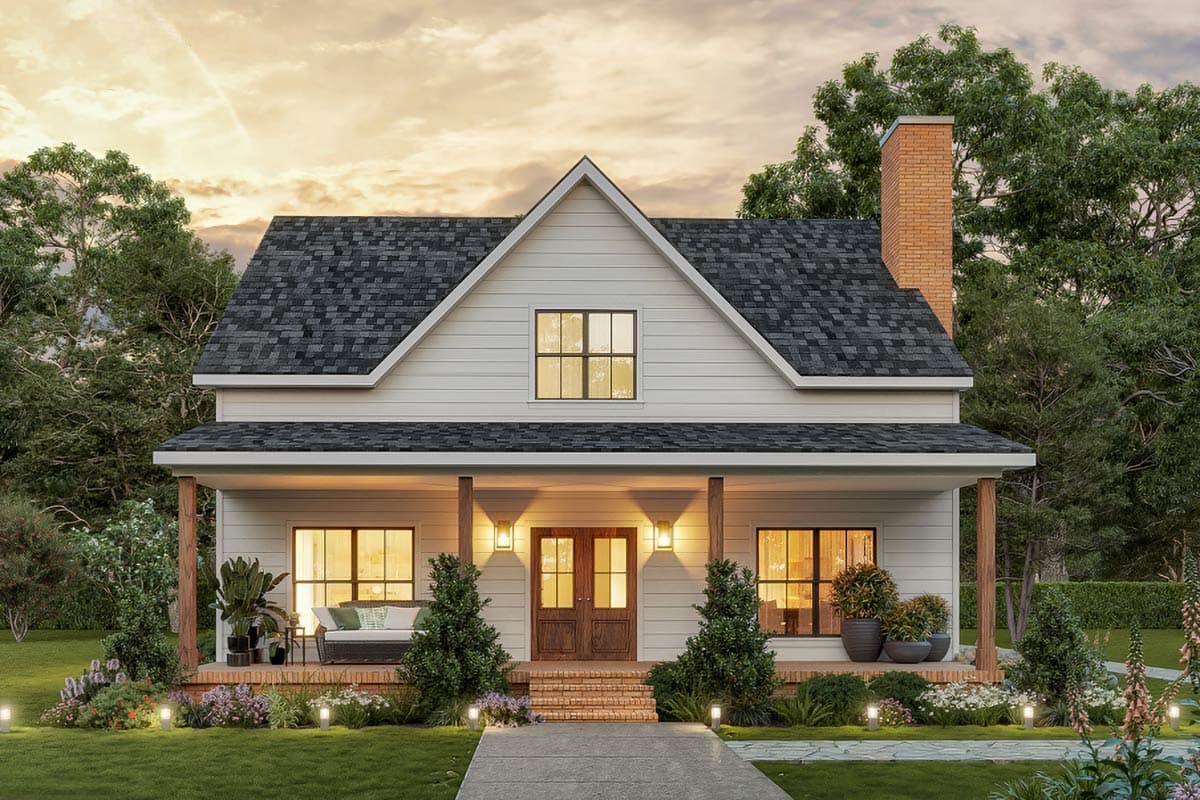 House plan exterior. Two-story Modern Farmhouse with a gabled roof, front porch with columns, and a brick chimney.