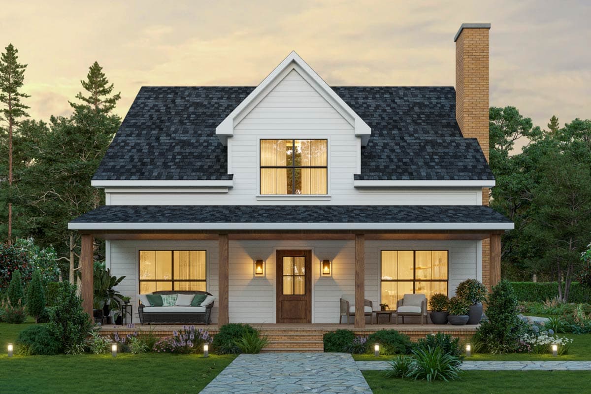 House plan exterior: Two-story Modern Farmhouse with gabled dormer, covered porch with timber posts, and brick chimney.