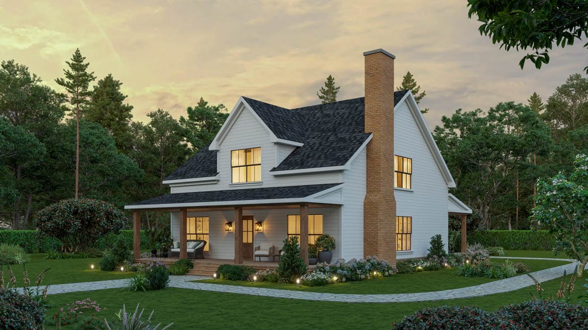Two-story Modern Farmhouse exterior with a wraparound porch, gable dormers, and a prominent brick chimney.