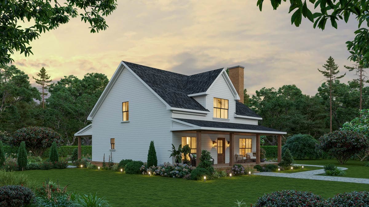 House plan exterior: Modern Farmhouse style, two stories, gabled roof, prominent chimney, and wrap-around porch.