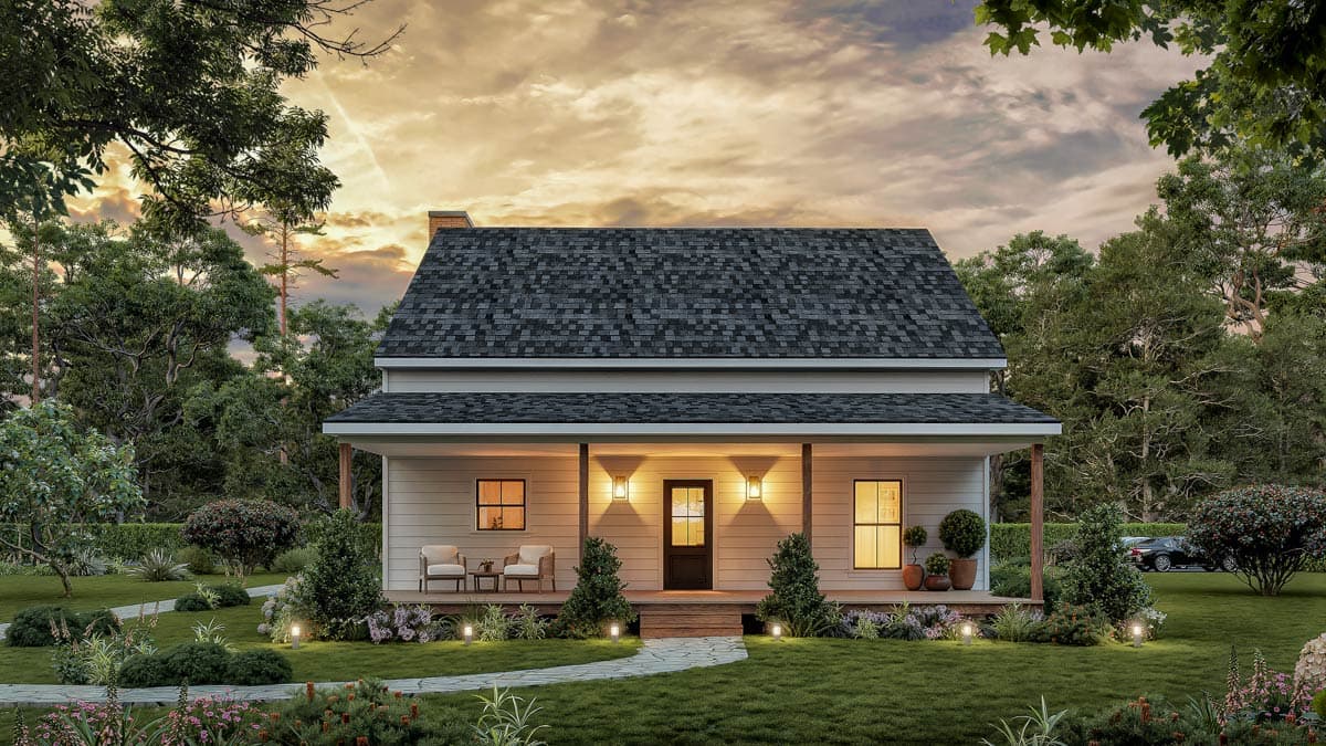 House plan exterior, two stories, gable roof, covered front porch with wood columns, and a visible chimney.