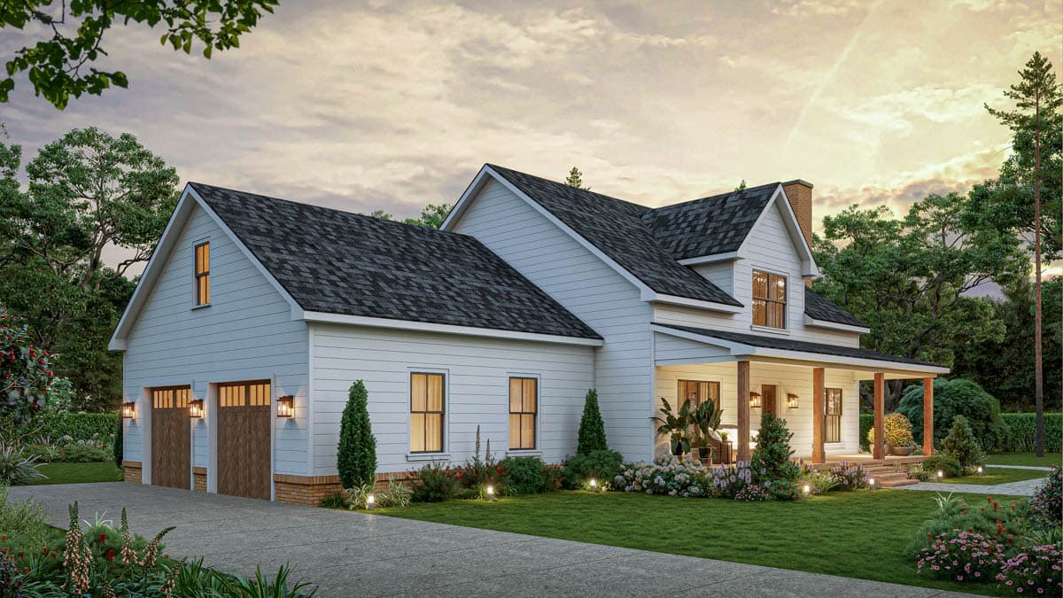 Modern Farmhouse house plan exterior with a two-car garage, wraparound porch, gables, and dormers.