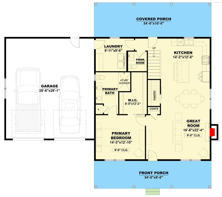 Plan 810049RBT: Farmhouse House Plan with First-Floor Primary Suite and Bonus Room - Floor Plan - Main Level with Front Garage (Paid Option $) - Farmhouse, Modern Farmhouse