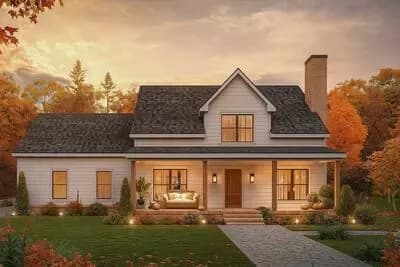 Farmhouse House Plan with First-Floor Primary Suite and Bonus Room
