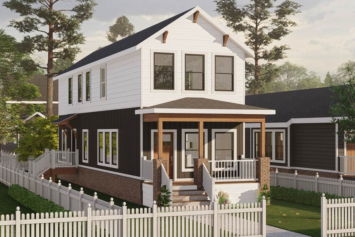 House plan exterior. Two-story Modern Farmhouse with a front porch, gables, and dark siding. Features brick foundation and white picket fence.