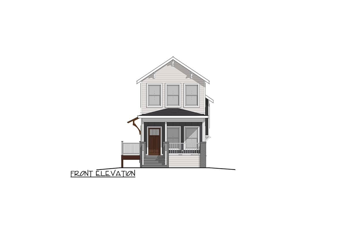 Front elevation drawing of a two-story house with a covered front porch, gables, and a dormer.