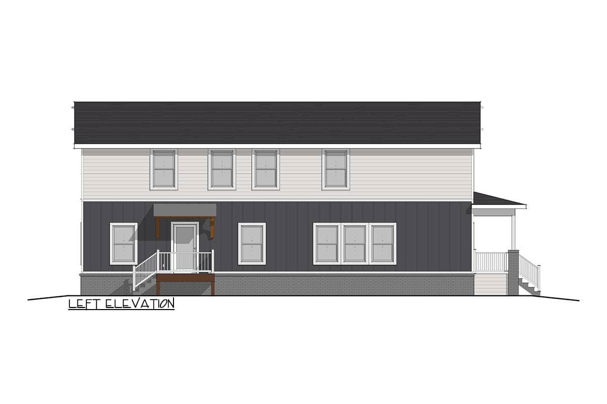 Left elevation drawing of a two-story house with a covered entry, porch, and multiple windows.