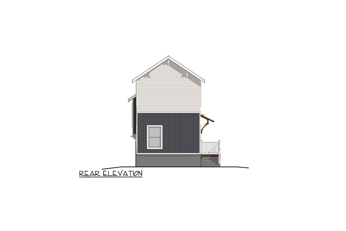 Rear elevation drawing of a two-story house with a small porch and gabled roof.