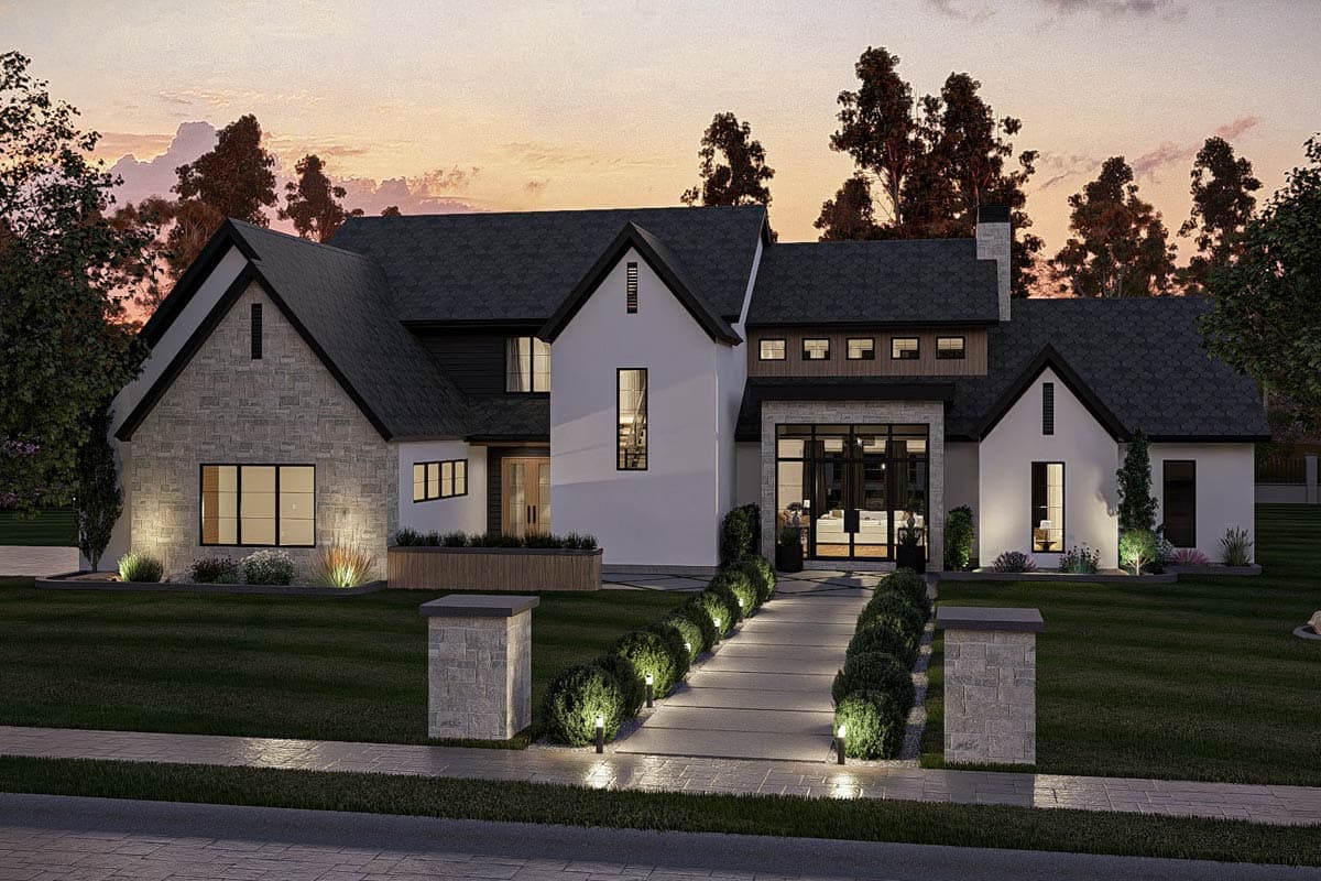 Modern house plan exterior with stone accents, a prominent gable, and a glass entrance.