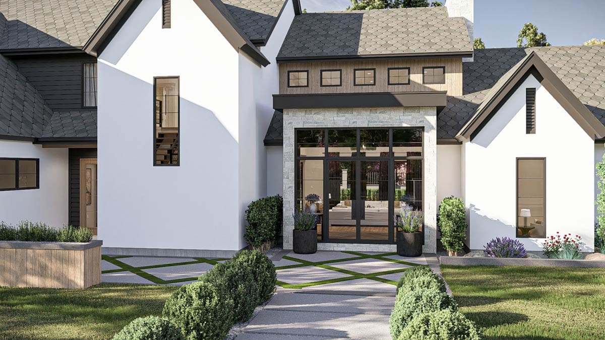 House plan exterior showcasing a modern farmhouse style with white stucco, dark siding, stone accents, tall gables, and a prominent glass entry.