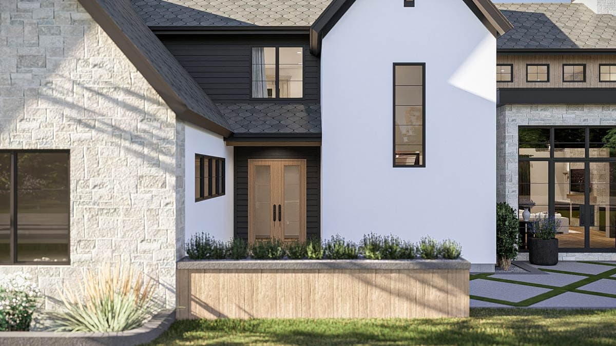 House plan exterior featuring white stone and dark siding, a prominent gable roof, and double wood doors with sidelights.