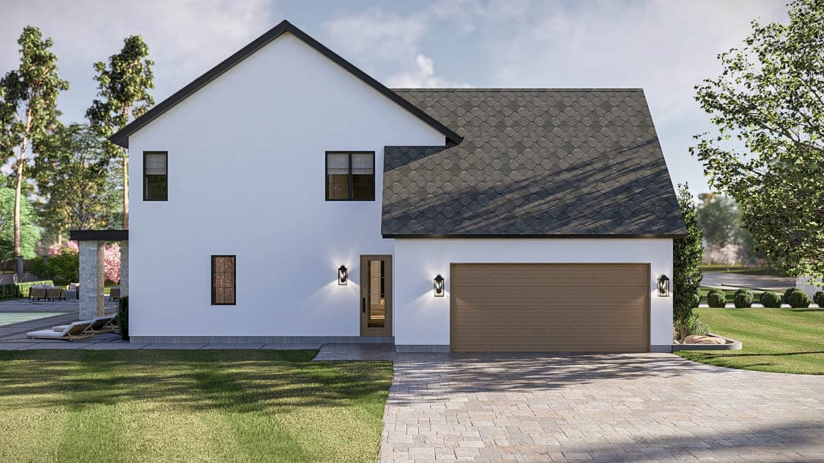 Modern house plan exterior: two stories, white stucco, dark gables, shingle roof, attached garage, and covered entry.