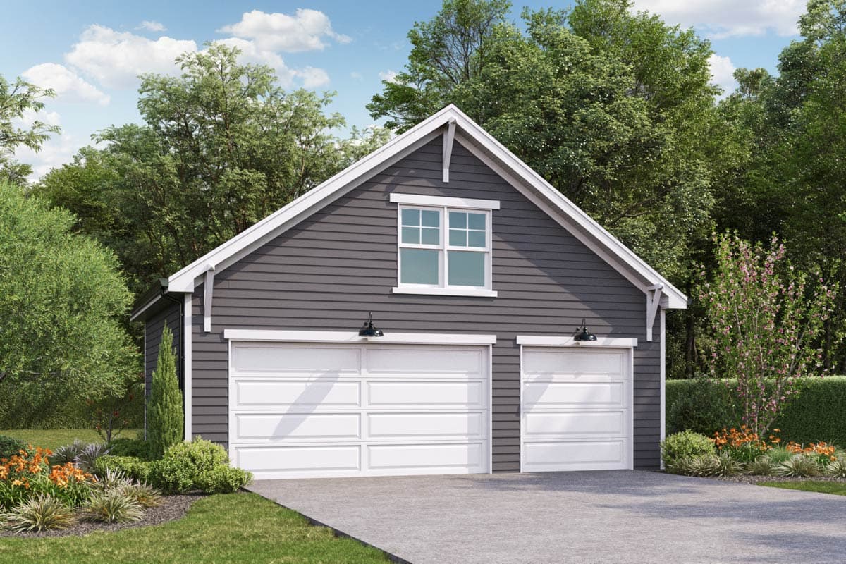 House plan exterior with two-car garage, gable roof, and horizontal siding. Features include a centered window and two exterior light fixtures.