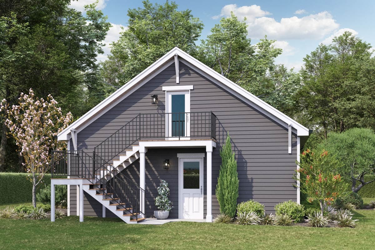 House plan exterior: Two-story, gray siding with white trim, gable roof, exterior stairs to upper deck and entrance.