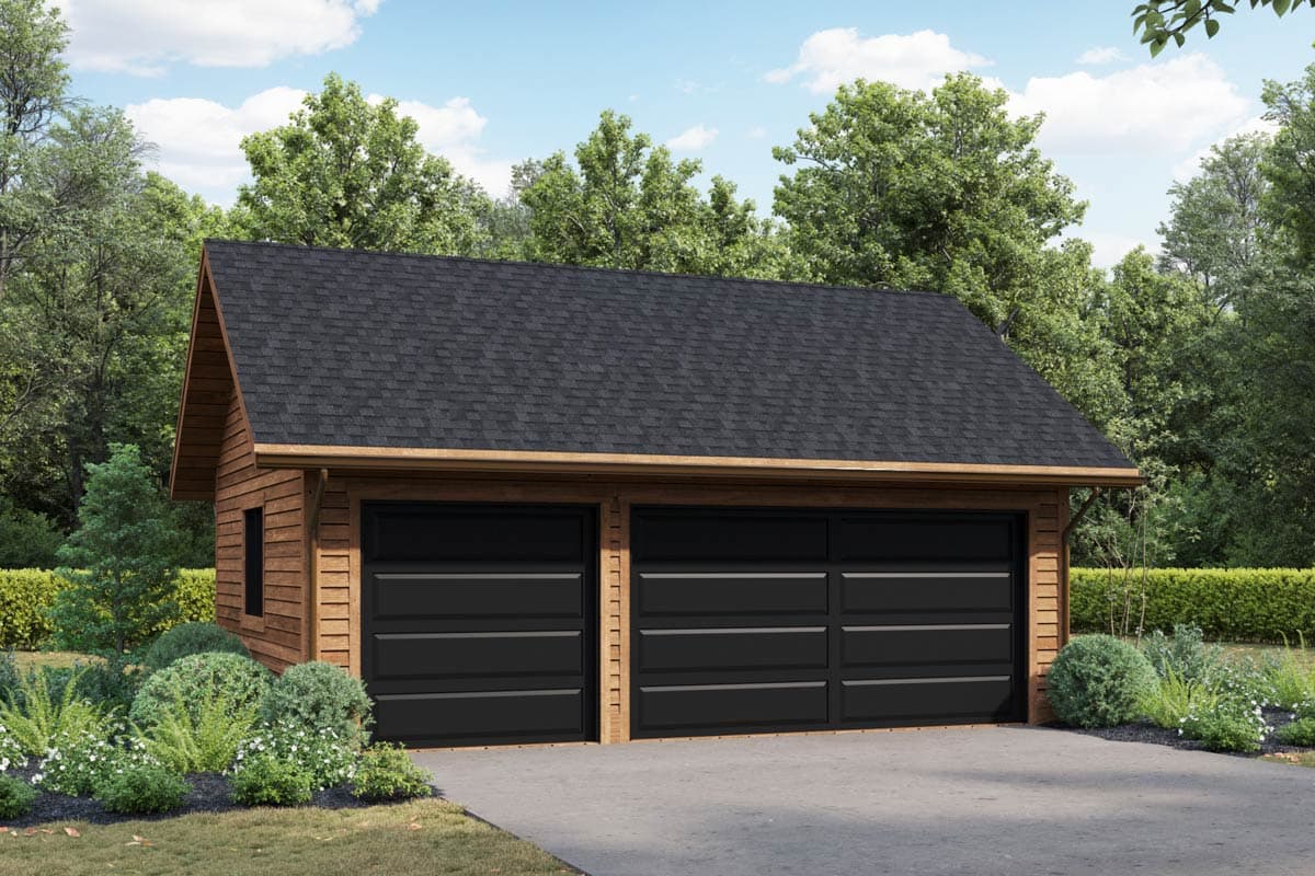 House plan exterior with two-car garage. Features include a gable roof, wood siding, and two black garage doors.