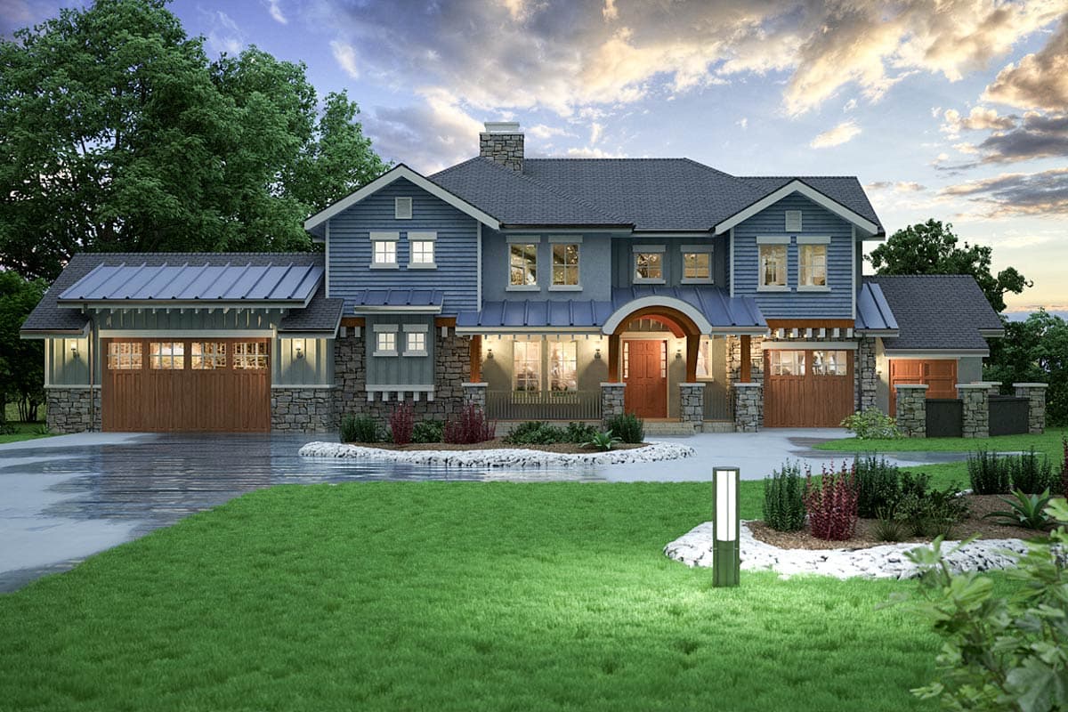 House plan exterior. Two-story Craftsman with stone accents, arched entryway, and attached garage. Features include gabled rooflines.
