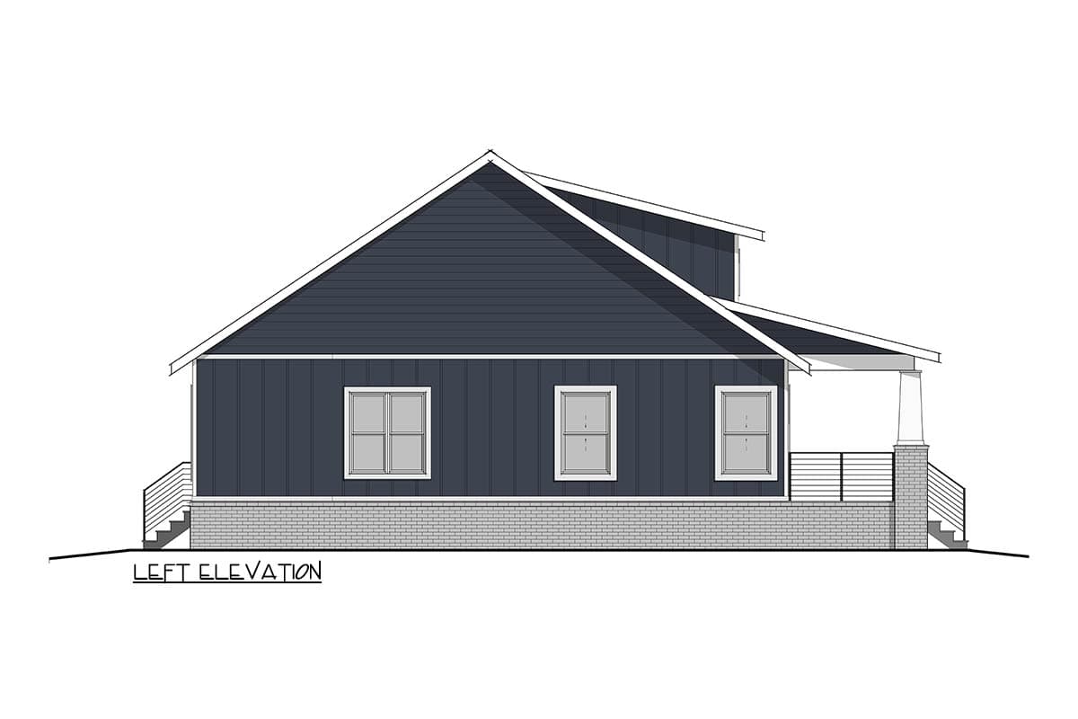 Left elevation of a house plan showing a hip roof, porch, and three windows.