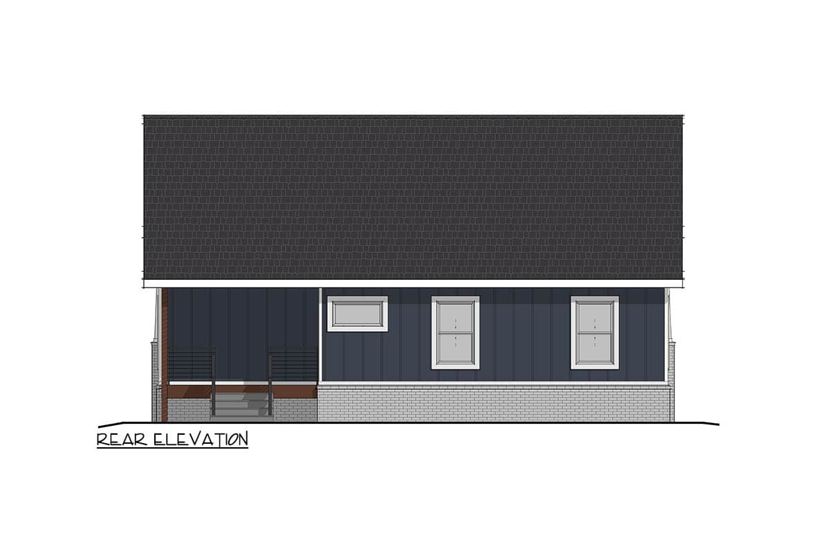 Rear elevation drawing of a one-story house plan with horizontal siding, a brick foundation, and a covered rear porch.