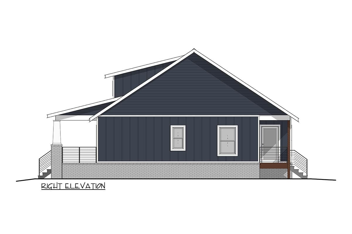 Right elevation drawing of a house plan with a covered porch, brick foundation, and stacked siding.
