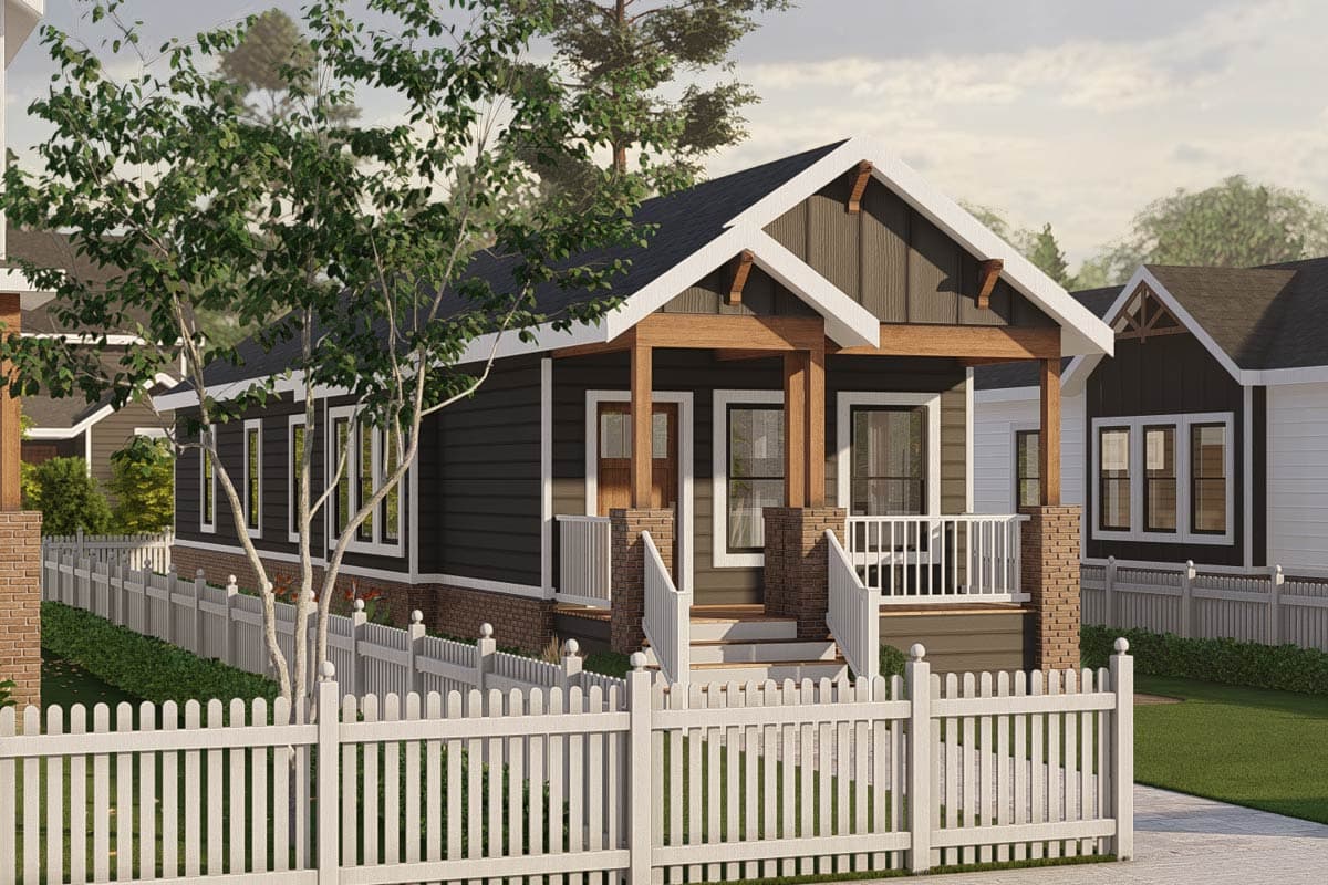 House plan exterior rendering. Craftsman-style home with gabled roof, covered porch with exposed beams, and a picket fence.