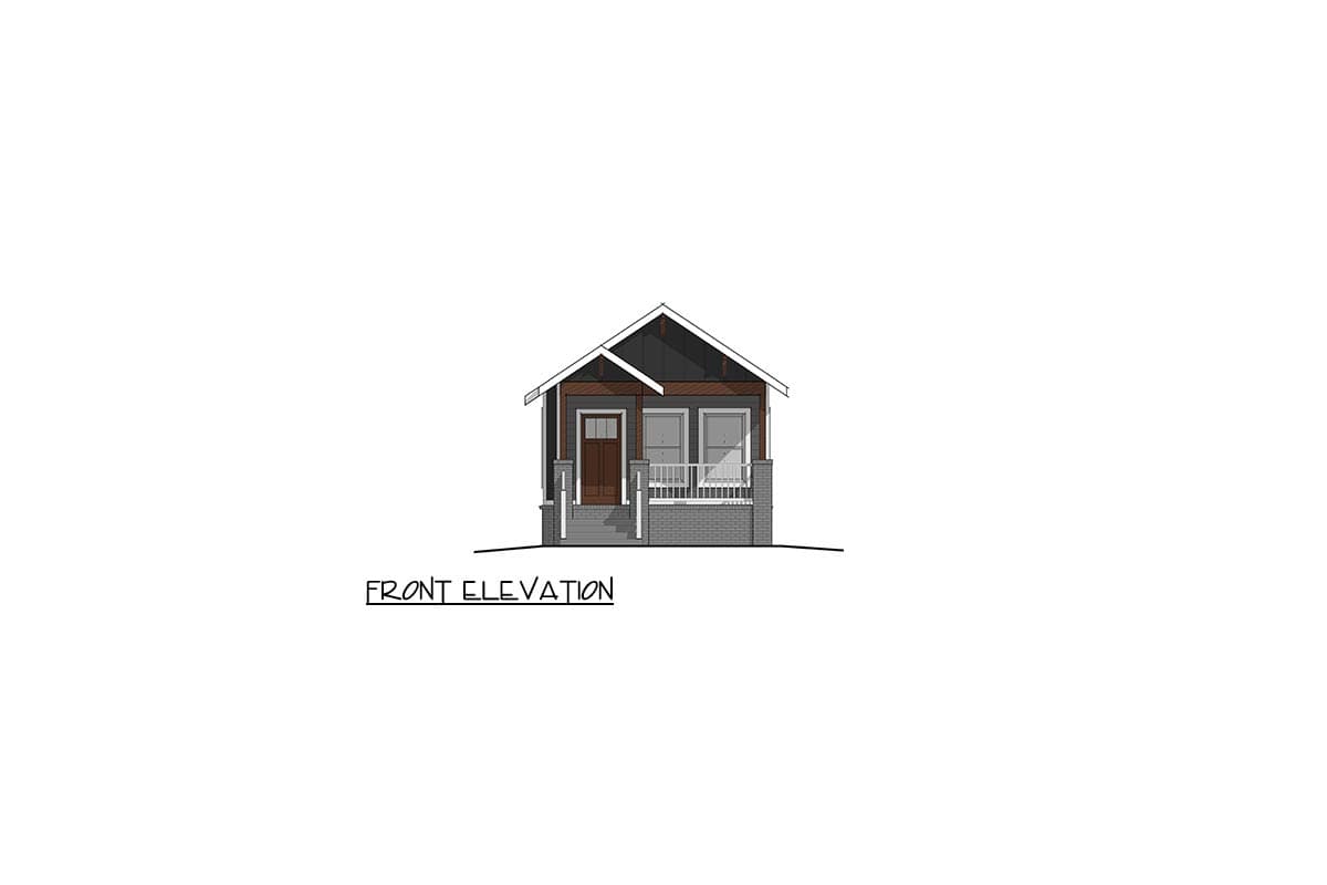Front elevation drawing of a small house with a gable roof, front porch with railing, and two windows.