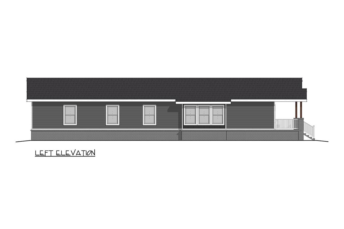 Left elevation drawing of a one-story house plan featuring horizontal siding, multiple windows, and a covered porch with railings.