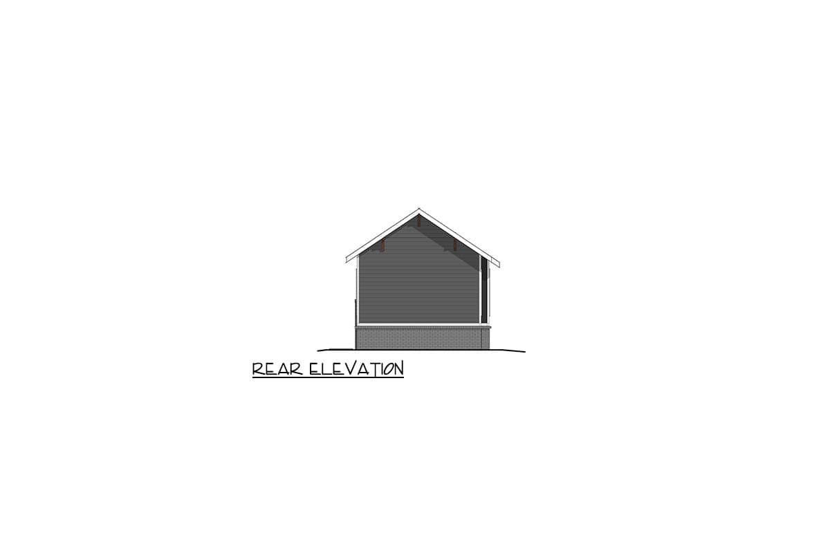 Rear elevation drawing of a house with clapboard siding, brick foundation, and gable roof with exposed rafters.