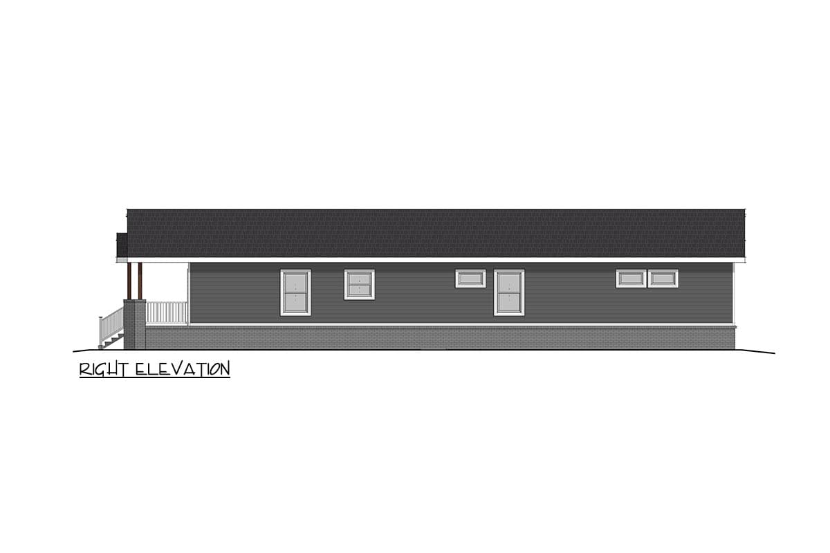 Right elevation drawing of a single-story house with a covered porch, horizontal siding, and double-hung windows.