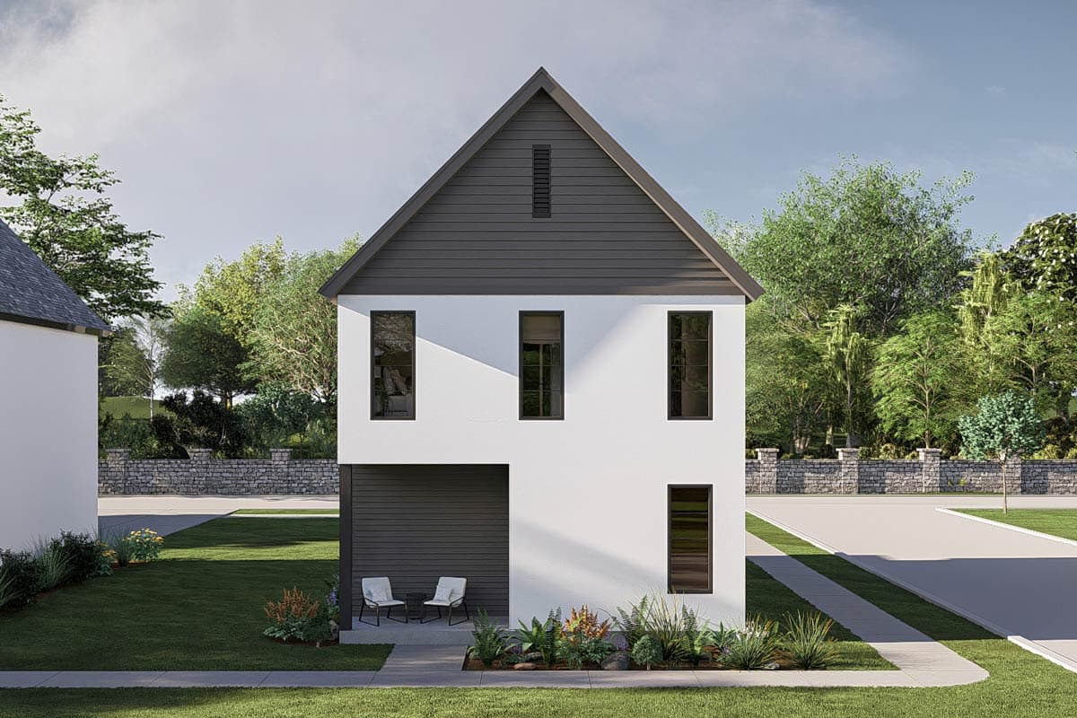House plan exterior. Two-story, modern house with a gable roof, three vertical windows, and a covered entry. Includes a dark gray garage.