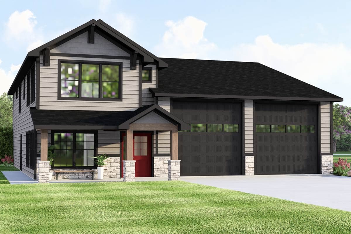 Two-story house plan exterior featuring Craftsman-style elements, gable roof, covered porch, and attached garage.
