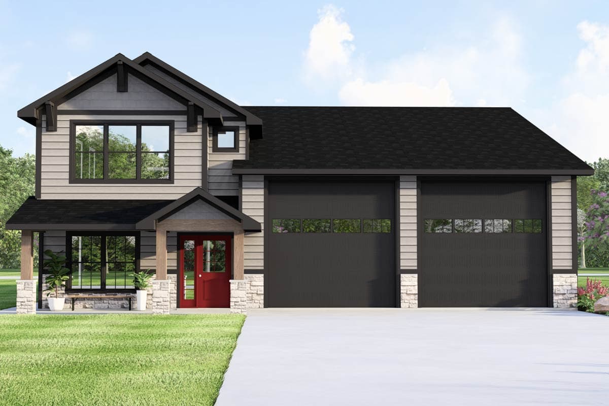 Two-story house plan exterior with a covered porch, double garage, and prominent gables.