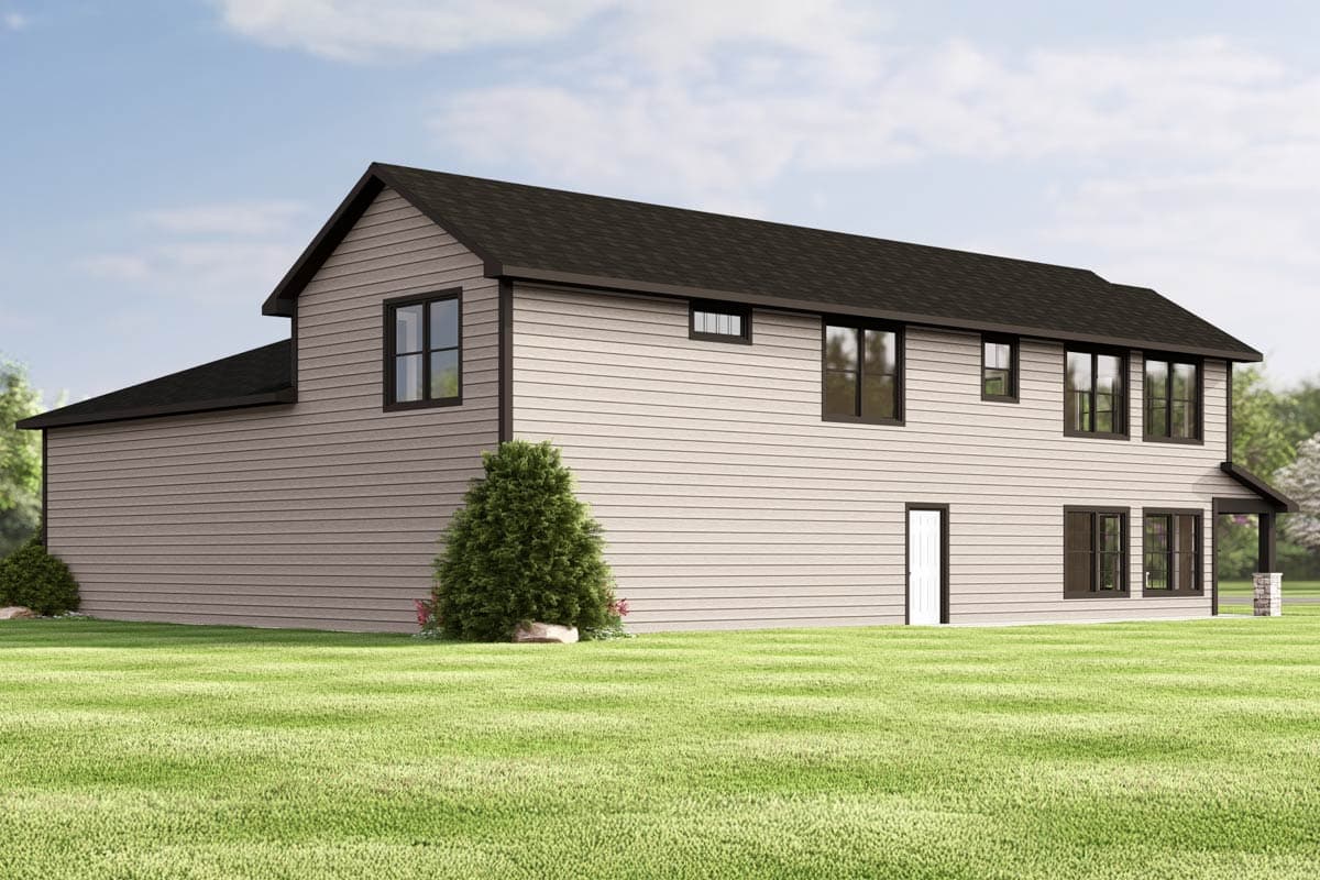 House plan exterior: two-story, vinyl siding, multiple gables, dark-trimmed windows, and a covered porch.