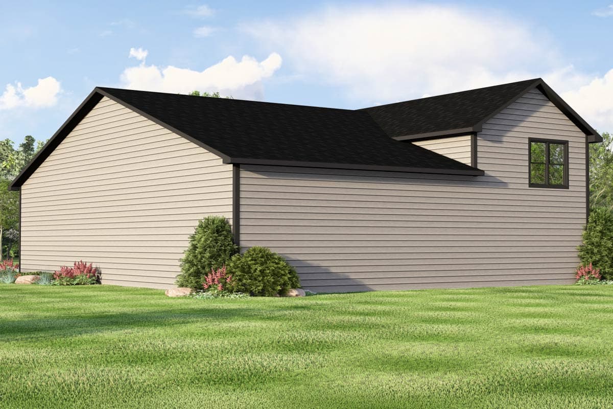 House plan exterior of a two-story home with tan horizontal siding, a dark roof, and one visible window.