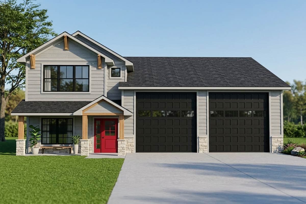 Two-story house plan exterior with a covered porch, double garage, and prominent gables.