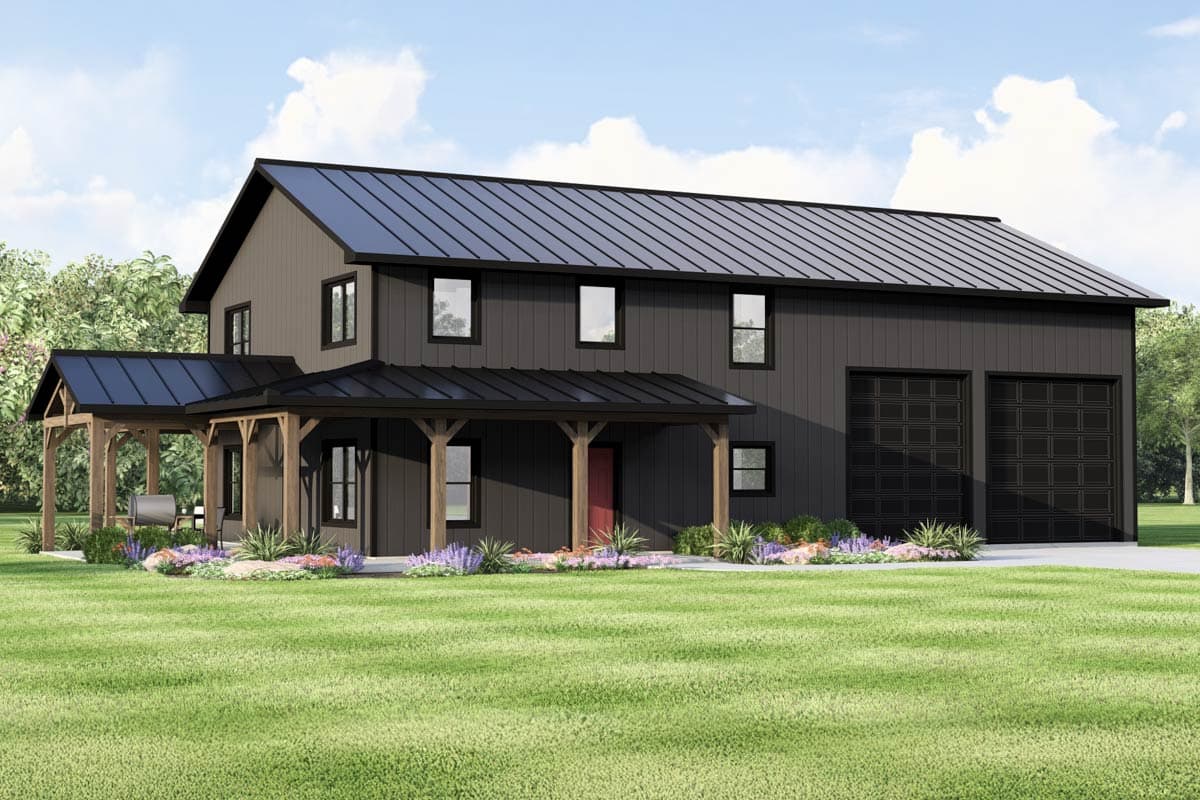 House plan exterior with two stories. Features include a covered porch, board and batten siding, and a two-car garage. Metal roof.