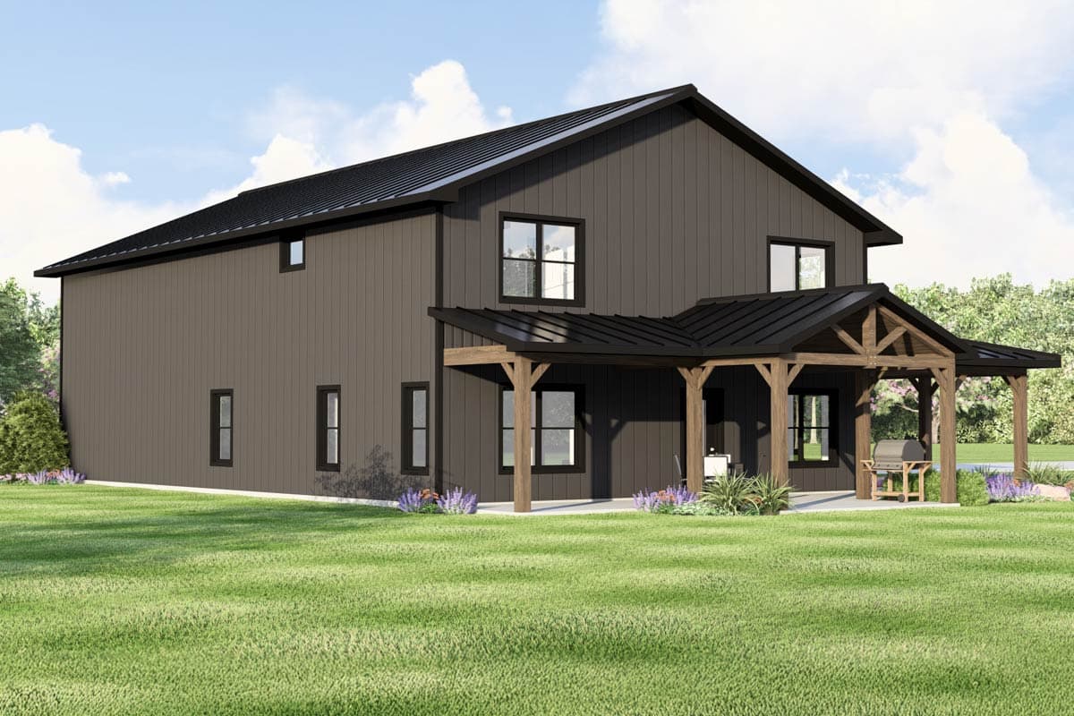 House plan exterior: two-story modern farmhouse with board and batten siding, dark metal roof, and timber-frame covered porch.