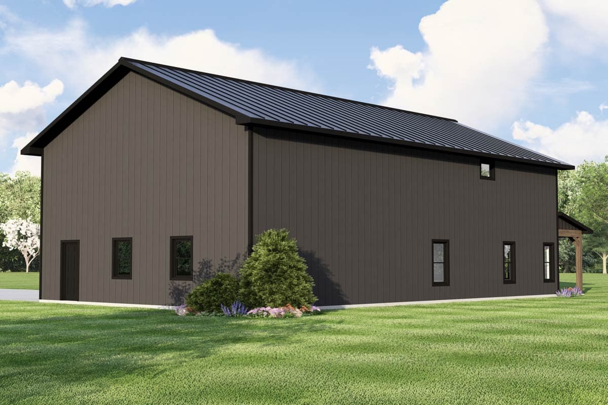 House plan exterior, two-story modern barn style with dark vertical siding, black metal roof, and minimal window openings.