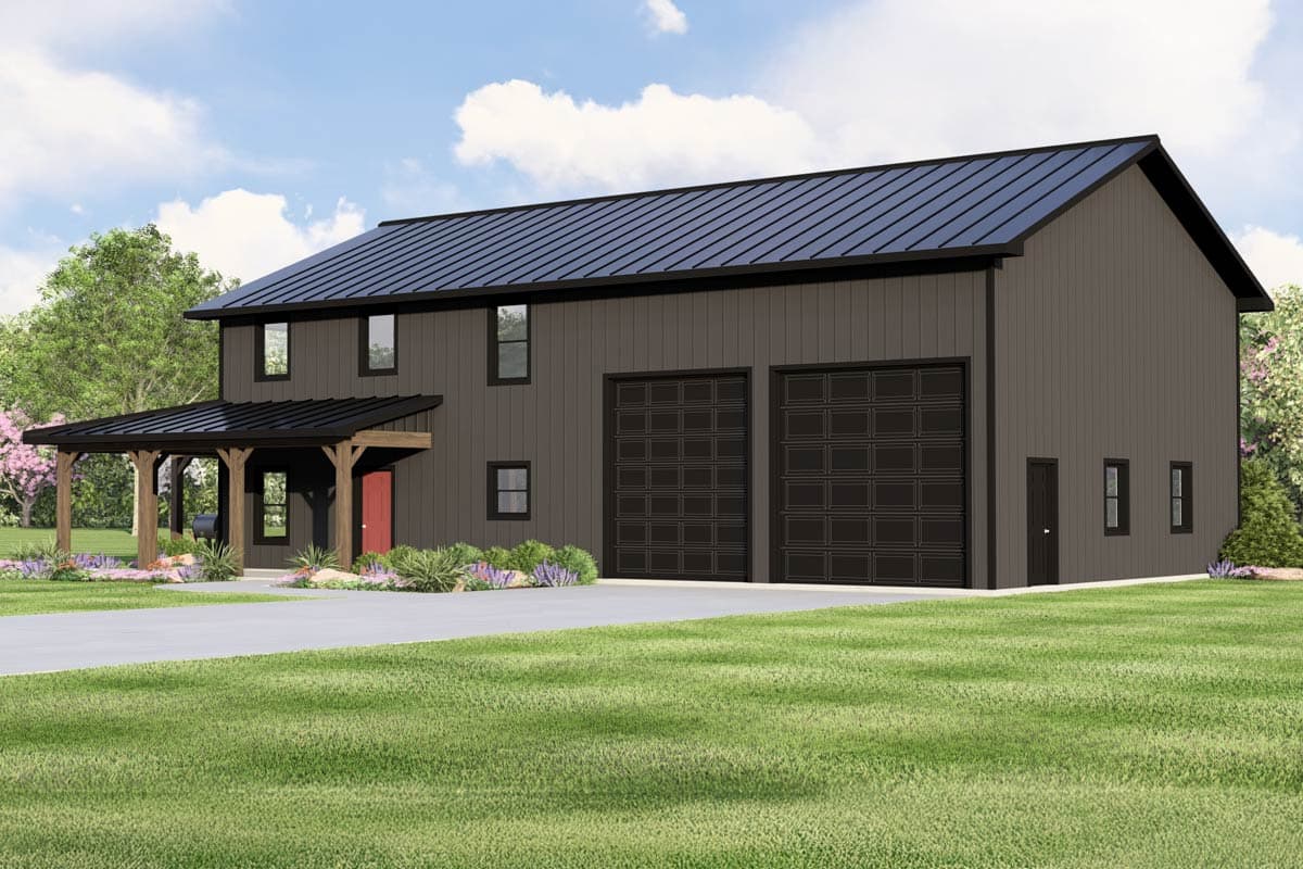 House plan exterior: Two-story modern farmhouse with covered entry porch, double garage doors, and dark metal roof.