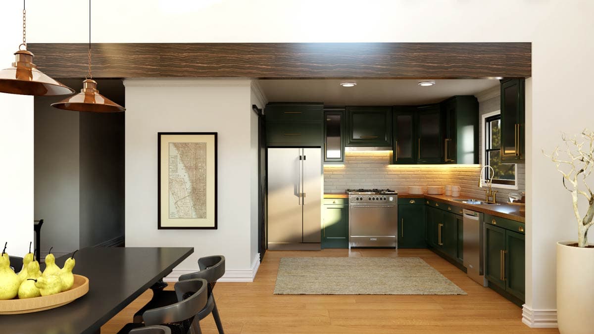 Open concept kitchen with dark green cabinetry, stainless steel appliances, wood countertops, and a rug.
